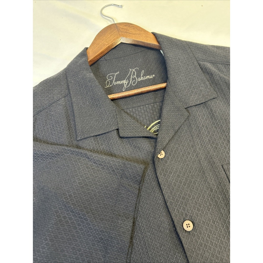 Tommy Bahama Button Up‎ Shirt Black Solid Short Sleeve Mens XL Silk Blend